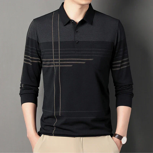 Premium Olive Linear-Design Long-Sleeve Polo T-Shirt